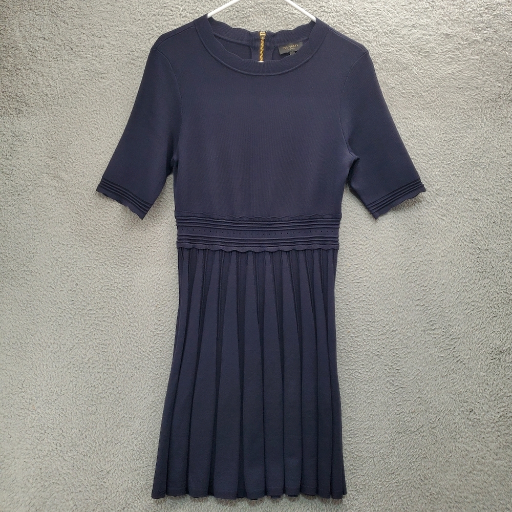 Ted Baker London Dorlean Scallop Trim Knit Skater Dress Size 4 Navy